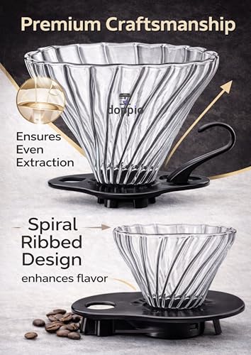 Image of DOPPIO Premium Glass Pour Over Coffee Dripper | Borosilicate V60 Style Filter | Spiral Ribbed Design | Removable Base | Reusable Manual Coffee Maker for Home & Office (Size 02, Black Handle)