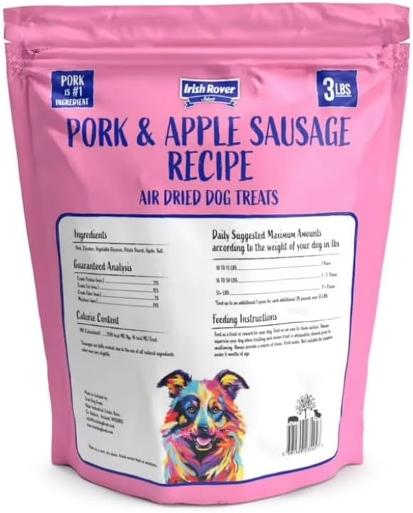 Irish~Rover Pork and Apple Sausage Air Dried Dog Treats ~ 48 Oz ~ 3 Pound ~ (1 Pack).