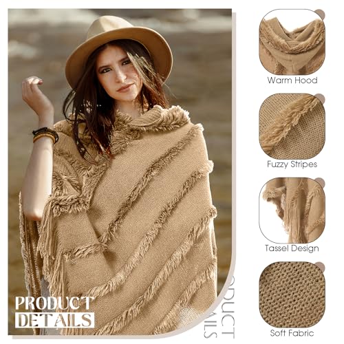 Ponchos for Women Hooded Poncho Sweater and Cape with Fringe Fuzzy Knitted Shawl for Spring Fall Winter3