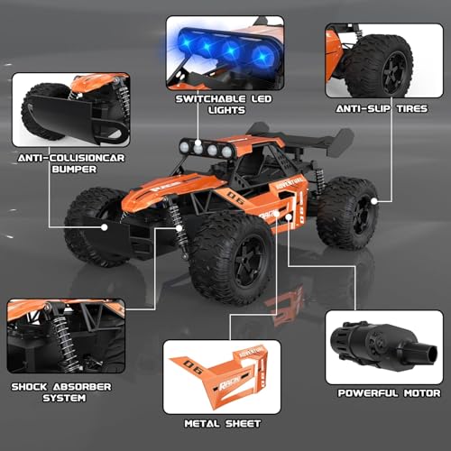 Image of RC Monster Truck, 1:12 Scale, Orange, 2WD, 25 km /h, with LED Lights, 7.4V Battery, for Kids Ages 3+