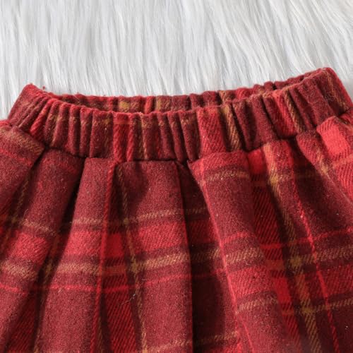 Image of Toddler Girls Christmas Outfits Girls Puff Sleeve Knit Ribbed Tops Button Down Vest Plaid Skirt Set Winter Clothes