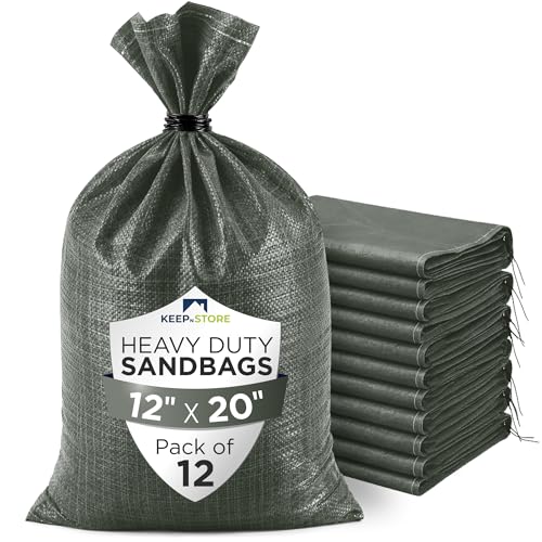Heavy Duty Sand Bags Pack of 12, Army Green Empty Sandbags with Built-In Ties, Woven Polypropylene UV Protection 1600 Hours, Fillable Bags for Flood Control, Weight, 12x20 inches, 25 Pounds Volume