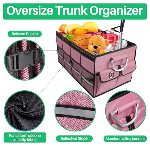 Image of Trunk Organizer, Cargo Organizer, Premium Multi Compartments Collapsible Portable Trunk Storage for auto, SUV, Truck, Minivan,2 Compartments-Pink