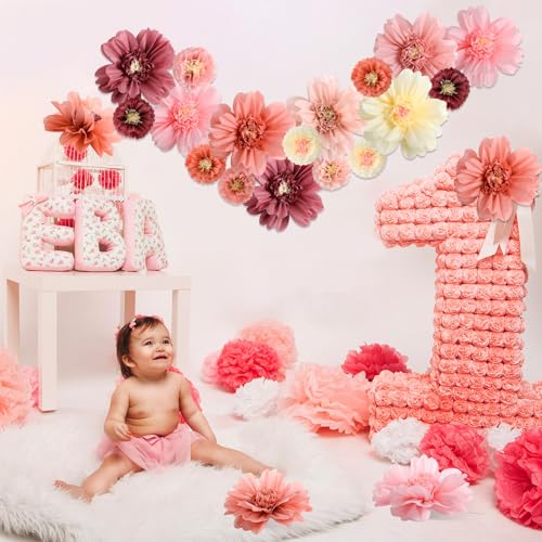 Image of TaoBary Large Colorful Tissue Paper Flowers Giant Fiesta Paper Pom Poms Classroom Wall Decor Mexican Birthday Party Decorations Wedding Backdrop(20 inch and 10 inch,Rose Gold, Blush Pink,12 Pcs)