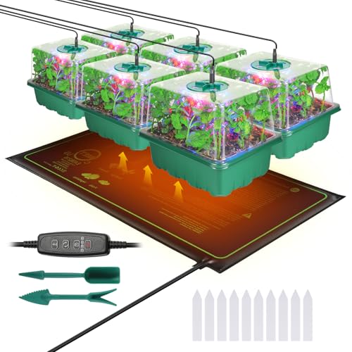 Seed Starter Trays with Grow Lights and Heat Mat, 72 Cells Seed Starter Kit with Lights, 3 Lighting Mode, 4 Timing Set, Germination Kit for Seed Starting Trays with High Humidity Control Domes