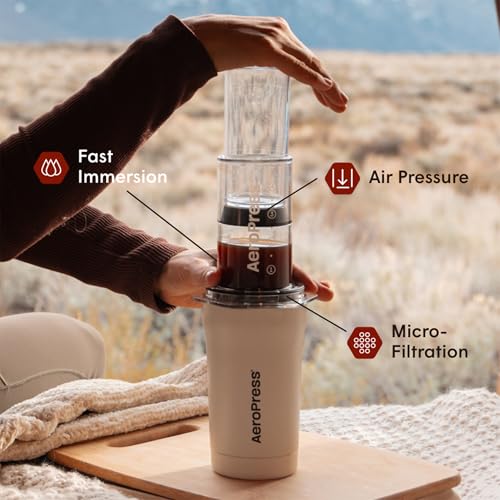 Image of AeroPress Go Plus, Small Portable Coffee Maker Kit, Travel, Camping & Office, All-in-One French Press, Pour-Over & Espresso Style Manual Brewer, 2 Min Brew for Less Bitterness, More Flavor, Cream