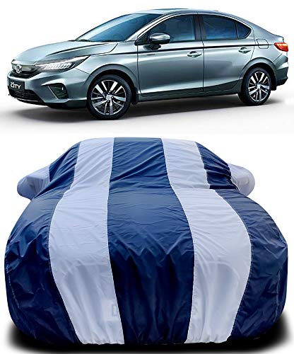 Image of PURPLEHEART Car Body Cover Compatible with New City Car Cover Body with Mirror Pocket Triple Stitched Bottom Elastic Water Resistant UV Protection & Dustproof Car Cover-Blue & White