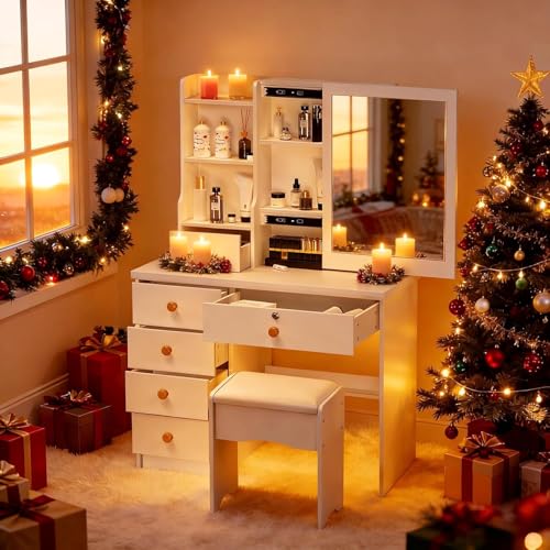 Aislerbee Grande Coiffeuse avec Miroir et Tabouret Bureau Coiffeuse 6 Tiroirs avec Poignées Bois Et Étagères, Meuble Maquillage pour Femme LED Pas de...