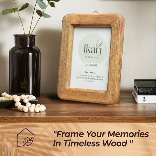 Image of Ikari Homes Wooden Rectangular Photo Frame,Handcrafted Boho Design, Antique Finish,Set With High Definition Glass,Photo Frames For Table & Wall Mount,Home & Office Decor - 5 X 7 Inches