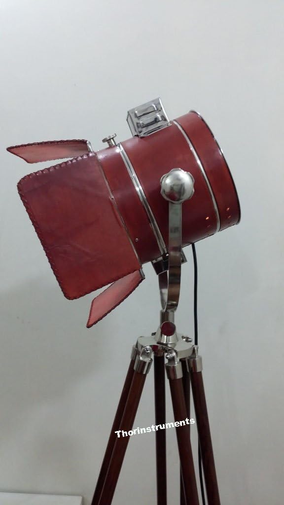 THOR INSTRUMENTS Collectible Designer Chrome Floor Spotlight COVERD with Leather Brown Tripod LAMP Rustic Vintage Home Decor Gifts