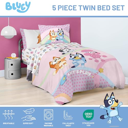 Image of Jay Franco Bluey & Bingo Kids Comforter Set - 5 Piece Twin Bed in a Bag, Soft Microfiber Bedding with Sheets and Sham, Machine Washable, Officially Licensed, Pink