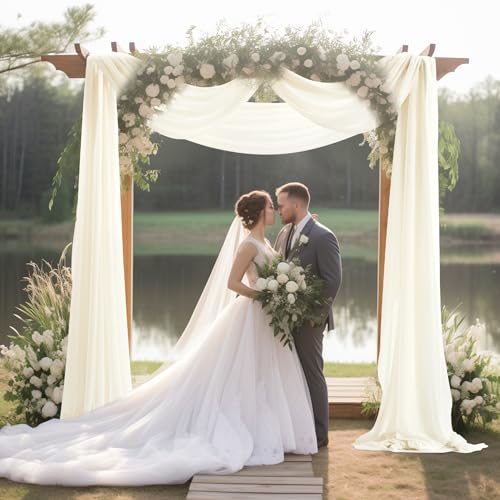 Image of 30 inch x 20Ft Wedding Arch Draping Fabric, 3 Panels Ivory Sheer Curtain Drapes Extra Wide & Long Backdrop Curtains for Wedding Arch Ceremony Birthday Party Decorations