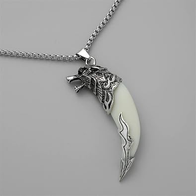 Wolf Head Pendant Necklace for Men Women Resin Dragon Wolf Tooth Fang Spear Necklace Teen Tribal Ethnic Totem Sweater Chain Necklace Jewelry Gift
