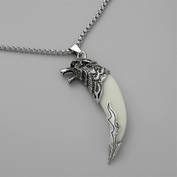 Wolf Head Pendant Necklace for Men Women Resin Dragon Wolf Tooth Fang Spear Necklace Teen Tribal Ethnic Totem Sweater Chain Necklace Jewelry Gift