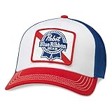 AMERICAN NEEDLE Pabst Blue Ribbon PBR Beer Baseball Hat, 5 Panel Structured Fit, Adjustable Snapback Trucker Dad Cap, Valin Collection, Red, White, and Blue (SMU500B-PBC)