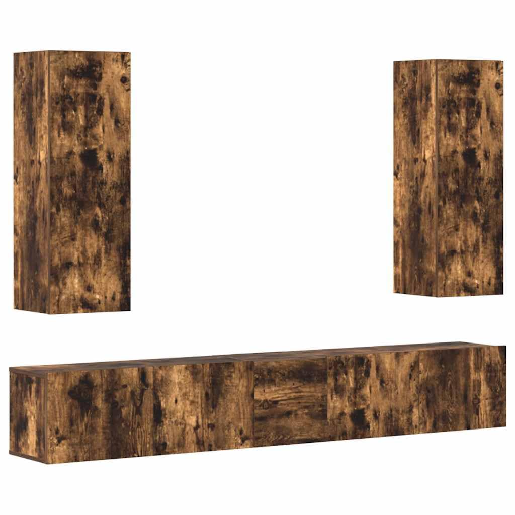 5-TLG. TV-Schrank-Set Räuchereiche Holzwerkstoff, Hängend, Modernes Media-Center, Wohnzimmer, Stabil, Feuchtigkeitsbeständig
