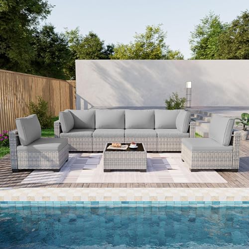Image of Outdoor PE Wicker Rattan Modular Patio Sectional Sofa Set | 7-Piece: 6 Modular Seats & Coffee Table with Thick Cushions, Grey