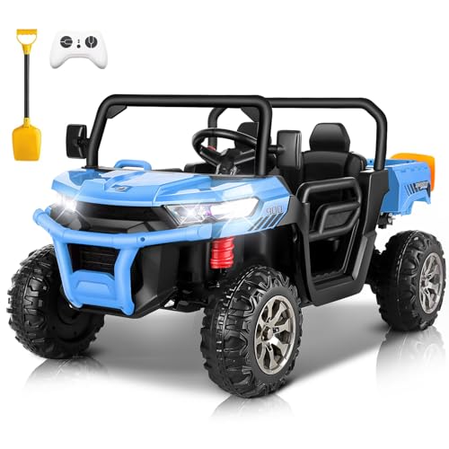 Hikole 24V Ride On Dump Truck for Kids with Remote Control, 2 Seater Ride on UTV with Dump Bed, Shovel, LED Light, Music, 3 Speed, 24V Electric Car for Boys Girls, Blue