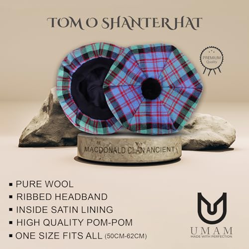 Image of Scottish Tam O' Shanter Hat Tartan Bonnet Pom Pom Wool Flat Cap One Size
