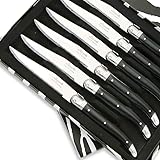 ⭐▹Coffret de 6 couteaux laguiole ▹Manche plastique en ABS coloris noir ▹Lame en acier inoxydable Z40C13 avec microdenture ▹Epaisseur : 1 mm ▹2 mitres inox ▹2 platines acier inox rouletées ▹Coloris : noir ▹Passage au lave vaisselle possible ▹Fabrication française ▹Livré en coffret carton noir et blanc avec certificat d'origine