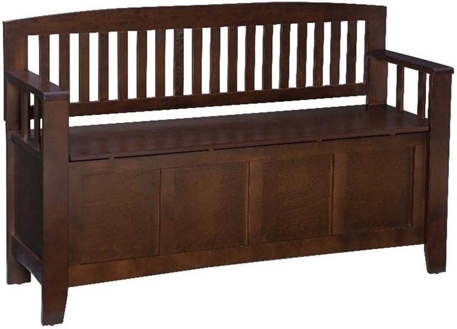 Pemberly Row 18" Flip Top Wood Storage Bench, Walnut Finish, 50" W x 17.25" D x 32" H, Rubberwood and MDF, Slat Back Design, Entryway or Mudroom Seating with Built-in Storage