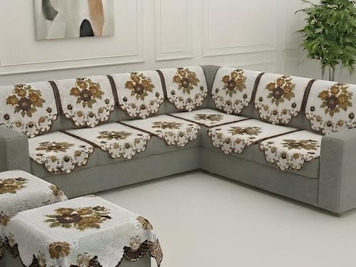 Image of Fab Nation Sofa Cover L Shape 7 Seater with Corner L Type Fully Covered Sofa Set for Living Room | Cotton Sofa Slipcovers for 4 + 3 Seaters Cover + 2 Setty Cover Set | Brown
