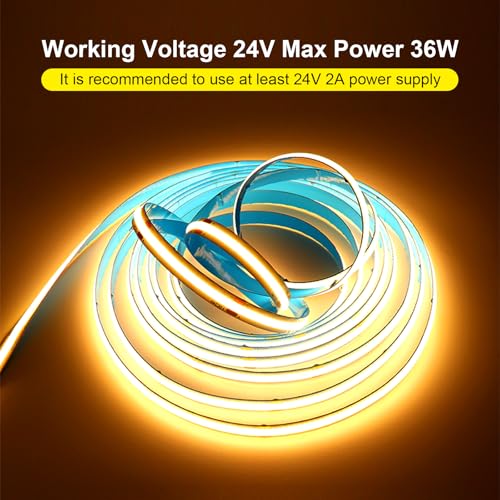 BUNACET COB LED Streifen 12M, Warmweiß 3000K Dimmbar LED Strip 24V, CRI92 Hohe Farbwiedergabe, 8mm Breite, mit Fernbedienung & Netzteil, Flexibles Lichtband für Küche, Spiegel, Wohnzimmer Dekoration