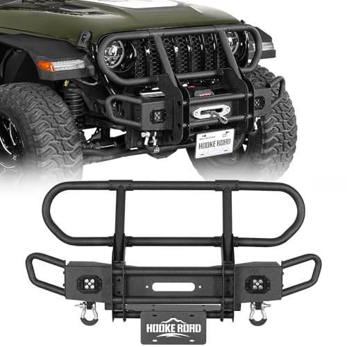 Hooke Road Front Bumper Grille Brush Guard for 2018-2026 Jeep Wrangler JL & Gladiator JT Stubby Tube Bumper with Winch Plate Bright Lights and D-rings