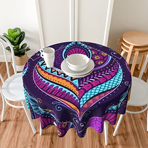 Stylized Peacock Feathers Ethnic Colorful Tablecloth 60 Inch Round In Ruiti Table Cloth Waterproof Fabric Farmhouse Tablecloths Decorative For Home Party Birthday Wedding #TOP6