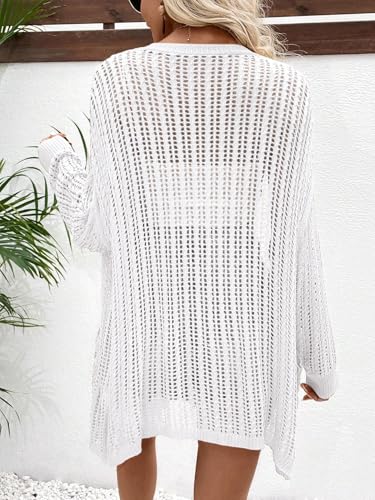 Image of Womens Crochet Cardigan Sweater Lightweight Rib Knit Open Front Sweater Coats Cover Up White