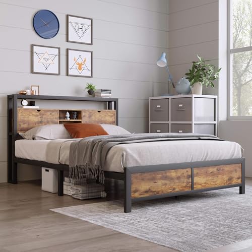 YCYDHDM Metallbett Doppelbett 140 x 200 cm mit Stauraum-Kopfteil, Bettgestell mit Lattenrost aus Metall, Stauraumbett für Schlafzimmer und Gästezimmer, Bett mit Stauraum unter dem Bett, Holzfarbe – Bild 4