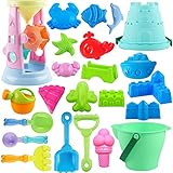 ToyerBee Beach Toys- 24pcs Sand Toys Set with Sand Water Wheel, Bucket, Shovels, Rakes, Models & Molds in A Mesh Backpack, Outdoor Beach Sand Toys for Boys, Girls,Toddlers, Kids