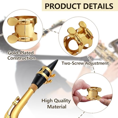 Jersvimc 4Pcs Brass Alto Sax Ligature Gold Alto Saxophone Ligature, Bass Clarinet Ligatures Saxophone Accessories Fastener for Music Mouthpiece Instrument - Thumbnail 5