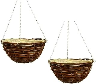 Fyne-Finds Set of 2 Dark Brown Wicker Hanging Basket Lined Rattan Willow Planter 25cm, 10inch