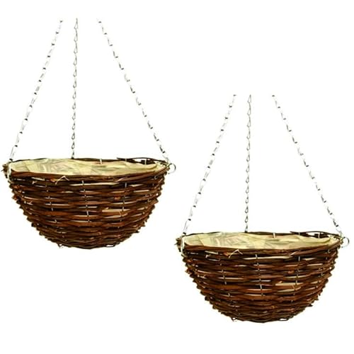 Fyne-Finds Set of 2 Dark Brown Wicker Hanging Basket Lined Rattan Willow Planter 25cm, 10inch