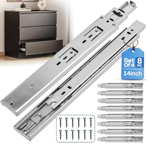 OURSHOM 14 Inch Soft Close Drawer Slides 4 Pairs (8pcs) Heavy Duty Full Extension Ball Bearing, Side Mount Drawer Rails, Drawer Slide Glides for Dresser, Cabinet, Kitchen - Draw Slides 150LB Capacity
