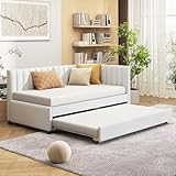 Twin Size Daybed with Trundle - Upholstered Daybed Linen Fabric Sofa Bed Frame with Twin Trundle for Bedroom Guest Room Living Room, No Box Spring Needed, Beige
