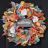 Fall Wreath for Front Door, 24 Inch Autumn Wreath with lamb's Ear Leaves, Roses, Berries & Wooden Sign,Fall Decorations for Home, Artificial Flowers Harvest and Thanksgiving Indoor & Outdoor