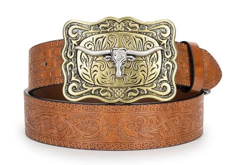 Image of Western-Cowboy-Leather-Belts for Women Turquoise-Oval-Buckle Embossed Belt