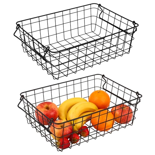 SYUTBOU 2 cestas de almacenamiento de alambre, 37 x 26 x 12 cm, color negro, de metal, con asas, para cocina, baño