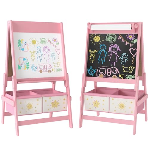 AIYAPLAY Pizarra Infantil Caballete 3 en 1 Pizarra Infantil de Doble Cara Caballete de Pintura para Niños de +3 Años con Rollo de Papel y Cestas de Almacenamiento 54x46x94 cm Rosa