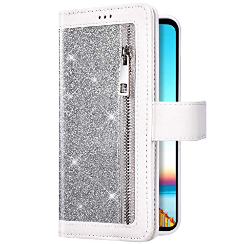 Uposao Kompatibel mit Samsung Galaxy A20e Handyhülle Leder Bling Glitzer Reißverschluss Multifunktionale Schutzhülle 9 Kartenfächer Brieftasche Flip Case Bookstyle Handytasche,Silber Cover