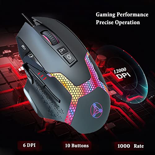 Nyiefada Wired Gaming Mouse With Side Buttons, Programmable Ergonomic Thumb Rest- 10000 Dpi High-Precision Sensor, 10 Buttons/Shortcut Flashing Rgb Computer Mouse For Pc Laptop Gaming #TOP5