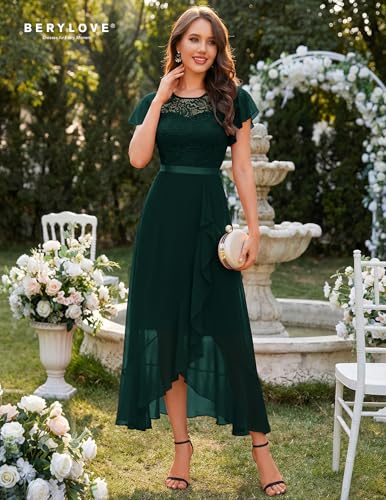 Image of BeryLove Formal Long Dresses for Women Wedding Guest Cocktail Bridesmaid | Airy Lace & Chiffon Evening Gown, Flutter Sleeve, Ideal for Mother of the Bride, Prom, Homecoming Party & Semi-Foraml Events