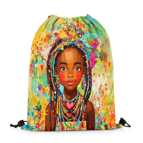 Image of jejeloiu Cute Black Drawstring Backpack 13x15.7inch African American Waterproof Gym Drawstring Bags Colorful Sports String Backpack Beach Swim Travel Bag Sackpack