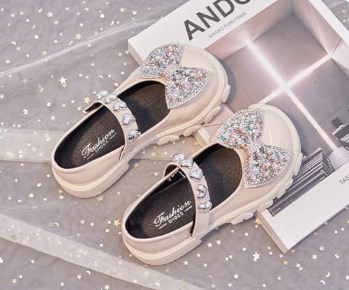 Kids Girls Mary Jane Flats with Bowknot and Rhinestones Dress Shoes for Wedding Party, Champagne, 11 M US Little Kid3