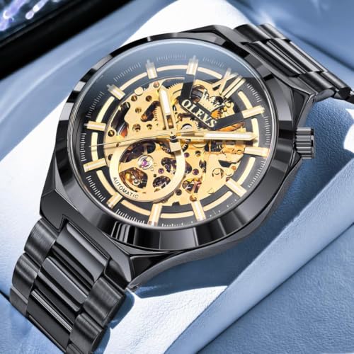 Image of OLEVS Mens Skeleton Watches Automatic Self Winding Mechanical Designer Luxury Dress Stainless Steel Waterproof Original Wrist Watches for Men