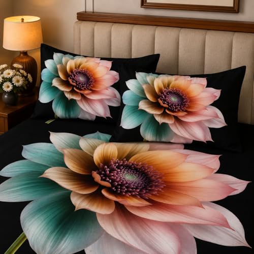 Image of 7D Digital Printed King Size Bedsheet | 240TC Premium Cotton Feel Microfiber with 2 Pillow Covers | Soft Breathable & Wrinkle Free Bedding Set | (TealBlack, King Size-225x250CM)