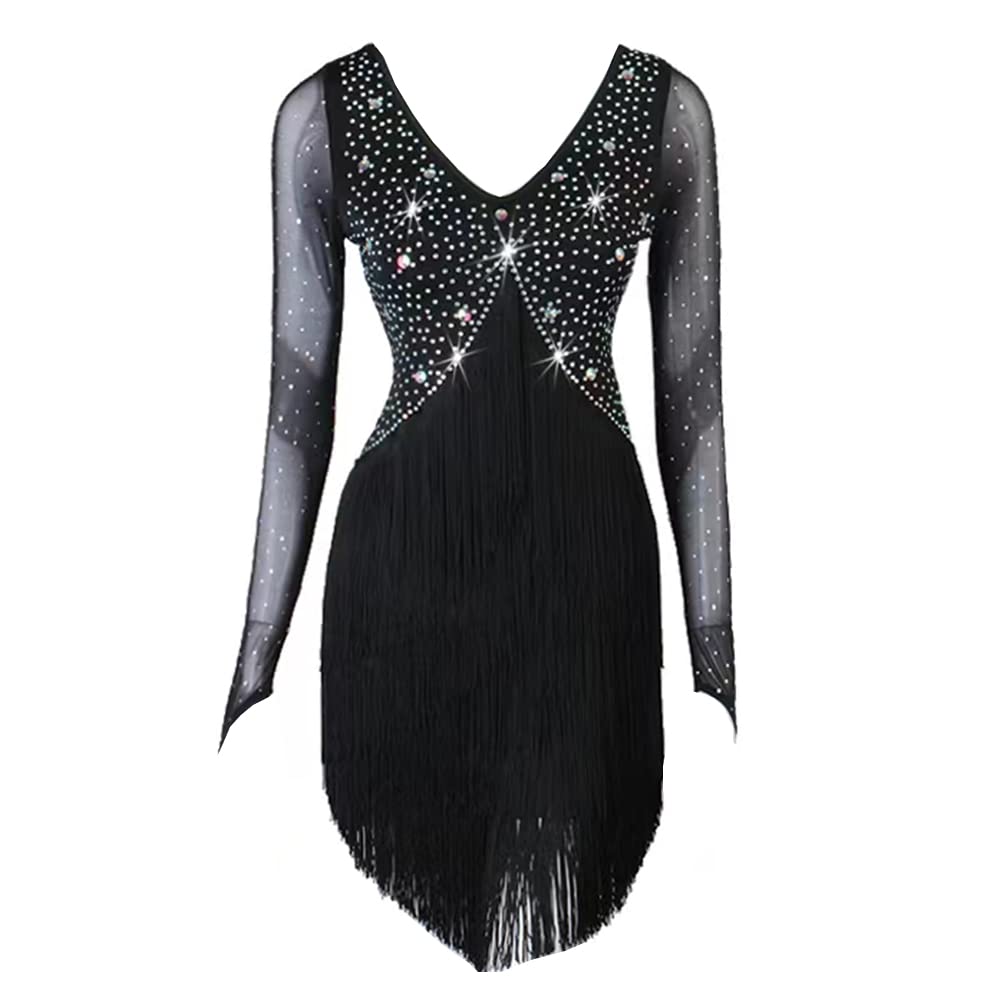 LIUHUO Girl's Latin Dance Dress Stretchable Handmade Diamonds Comfortable Performance Costume Black