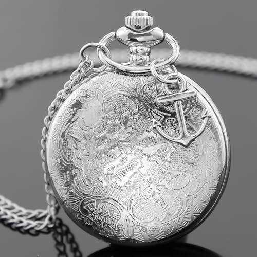 Image of Tiong Pocket Watch Anchor Pattern Design Roman Numerals Quartz with Chain Birthday Gifts